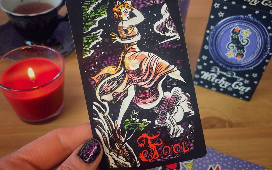 The Fool tarot card from the Witchy Cat Tarot by Dame Darcy, indie tarot deck